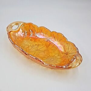Vintage Iridescent Marigold Carnival Glass Handled Dish Indiana Lily Pon…